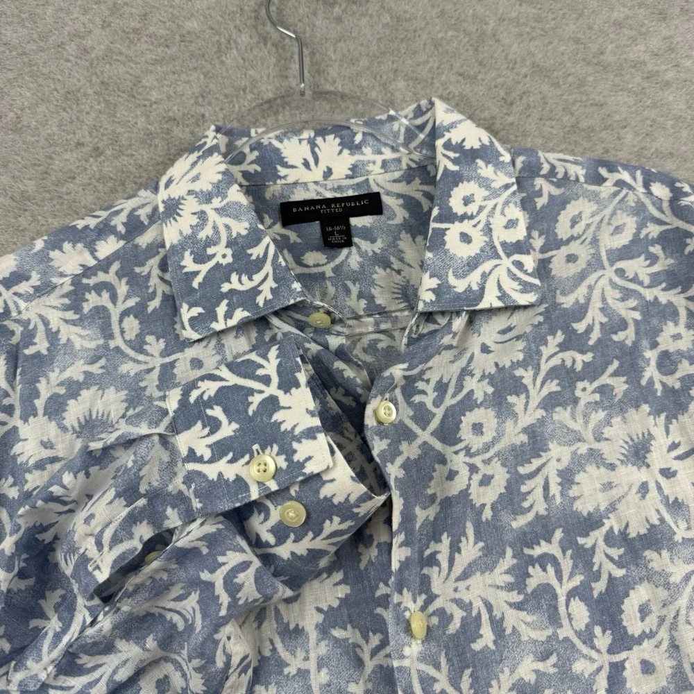 Banana Republic Men's Large Blue Floral Linen Fitted Long Sleeve Button-Up Shirt